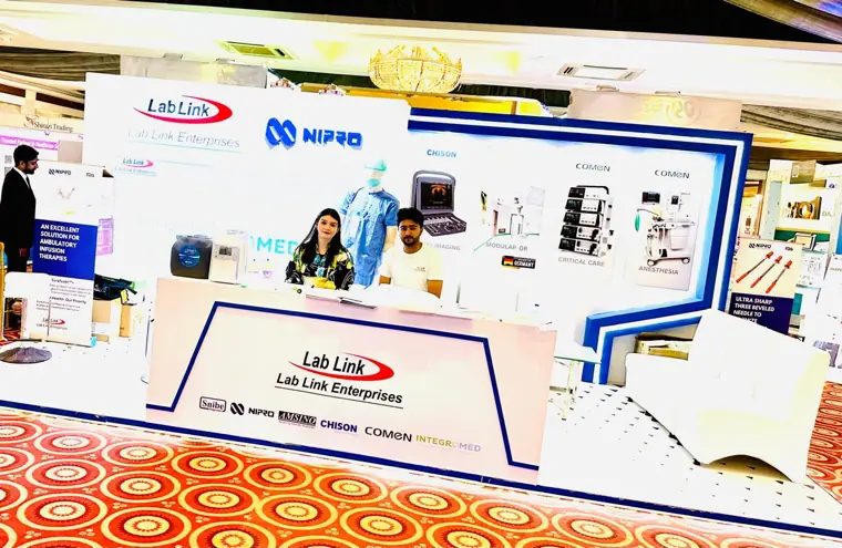 Product display at the stand at a healthcare exhibition