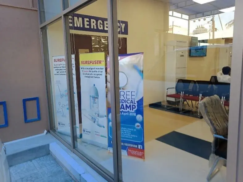 Awareness banners displayed in a hospital emergency department entrance