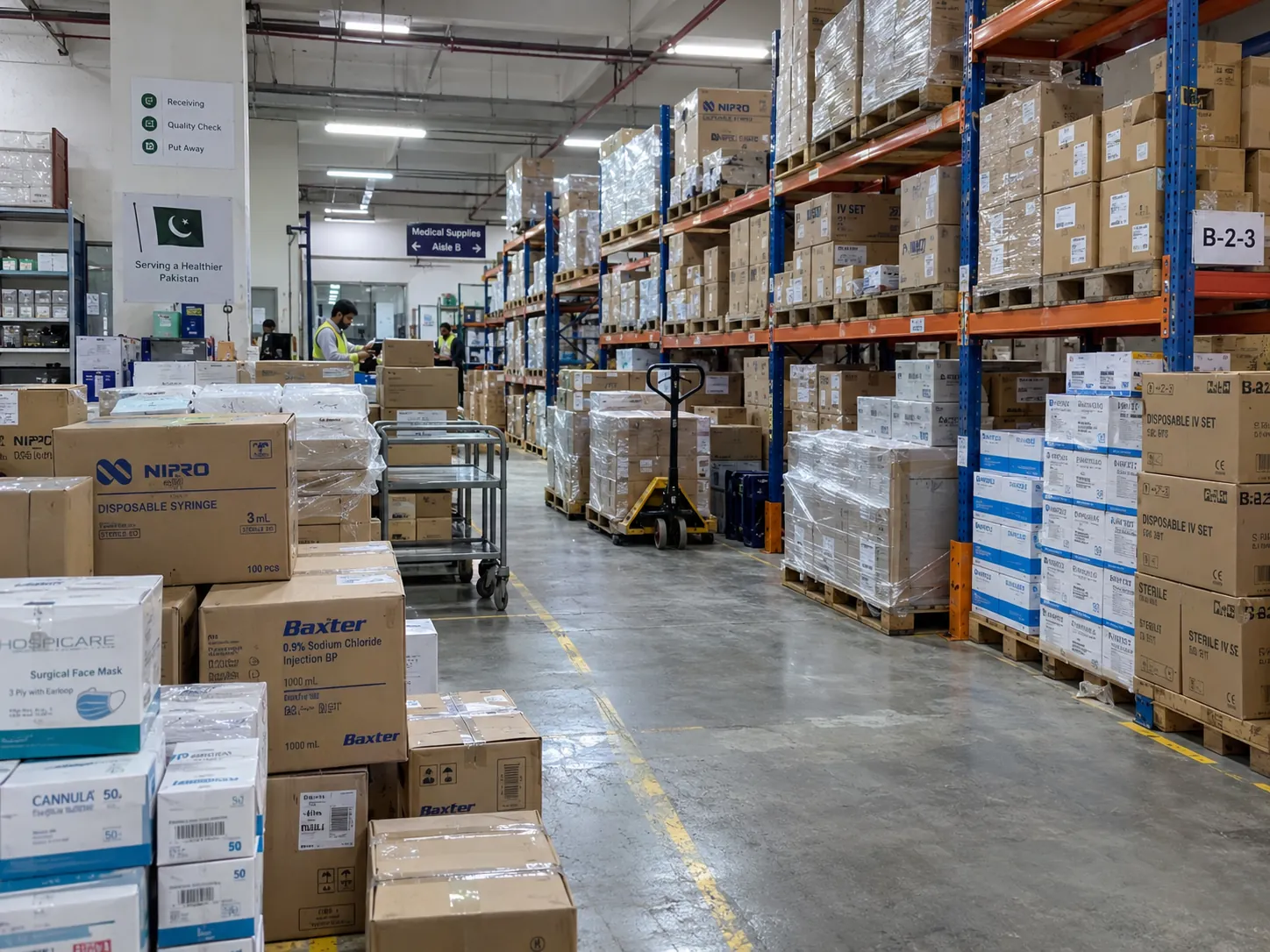 LabLink central warehouse in Karachi, with racked NIPRO and Baxter medical supplies